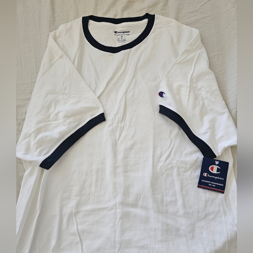 🤍Men Champion White Jersy Tee with Navy Trim Collar and Sleeves NWT